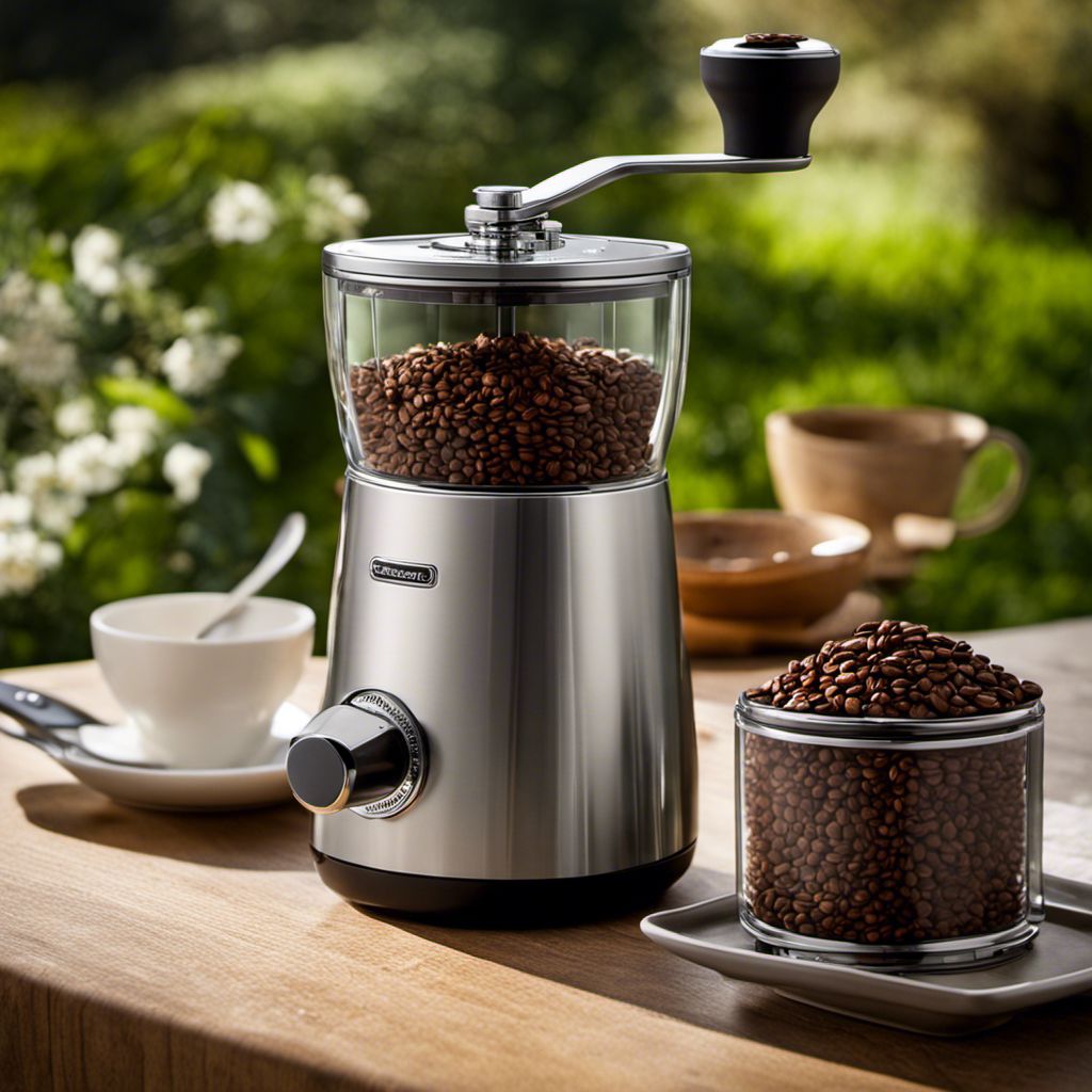 An image showcasing a sleek, compact coffee grinder with precision-engineered stainless steel burrs and a variety of grind size settings