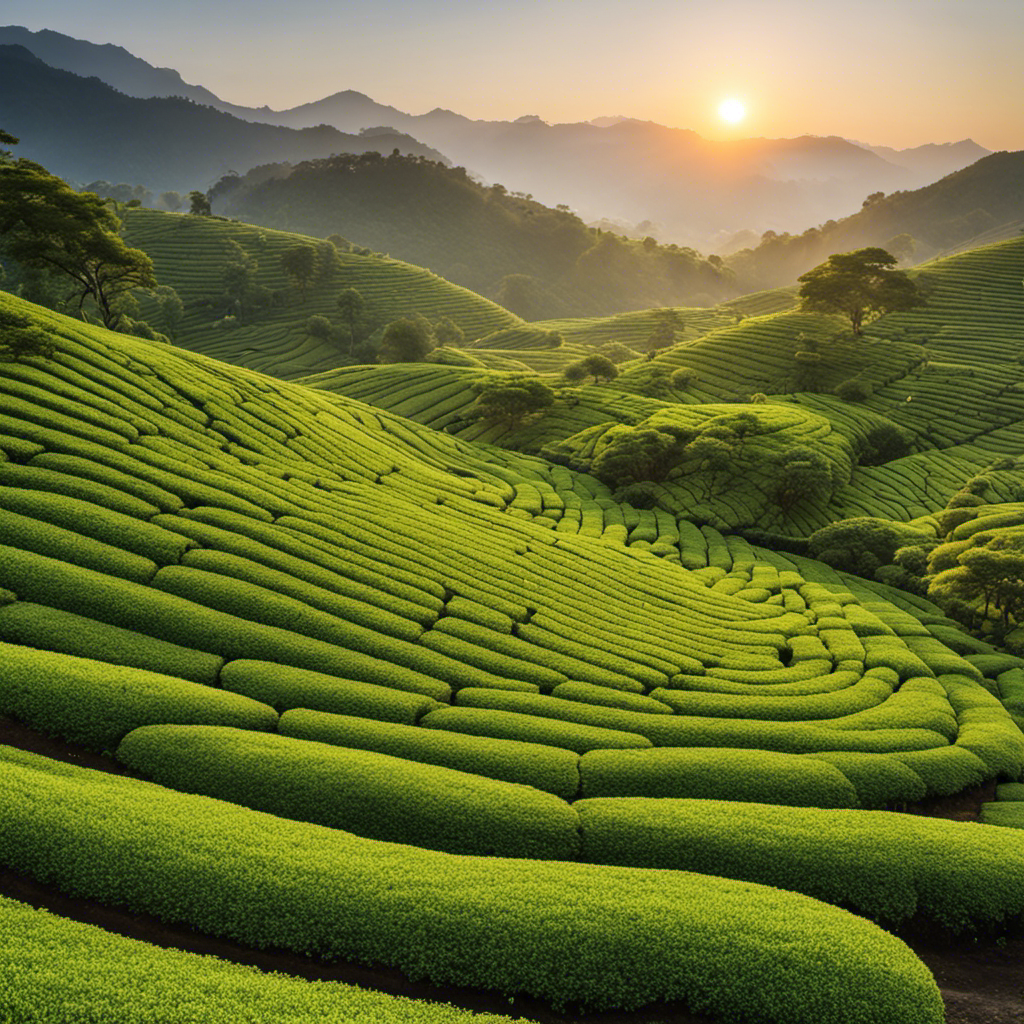 An image showcasing a serene tea plantation at sunrise, with lush green tea bushes meticulously arranged in rows, the delicate Gyokuro leaves glistening with dew, and Mr
