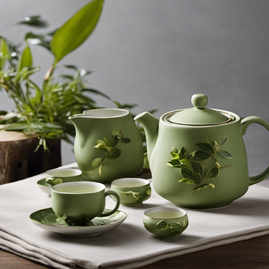 An image showcasing a delicate ceramic tea set, adorned with vibrant green Gyokuro leaves