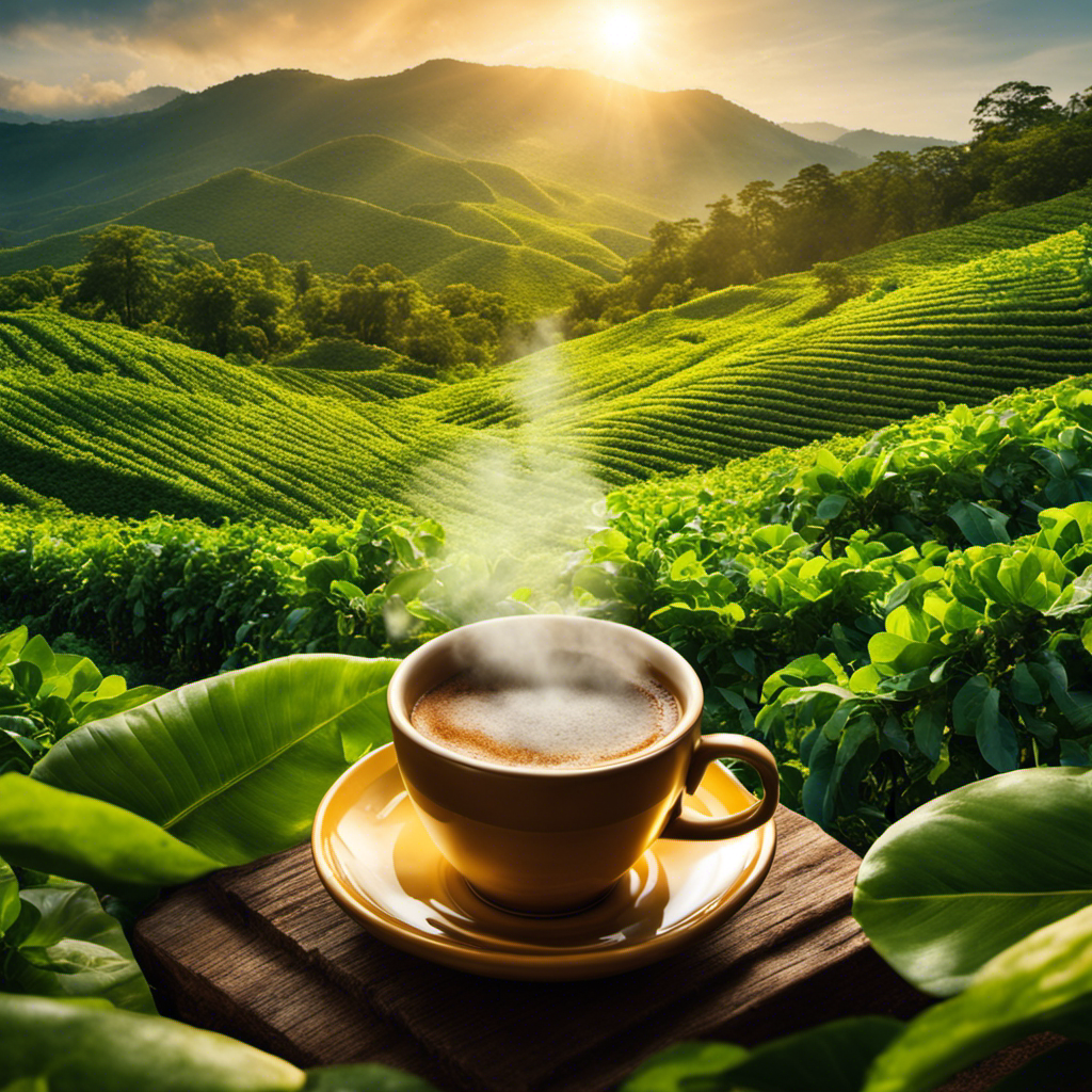 An image showcasing a vibrant cup of steaming coffee, surrounded by a lush green coffee plantation