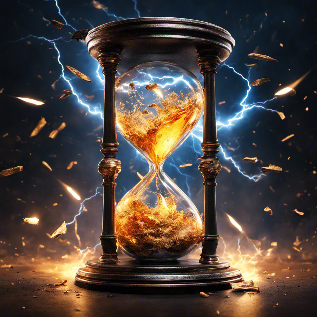 An image showcasing a shattered hourglass releasing sparks of lightning, symbolizing the shocking effects of energy drinks on the body, while capturing the element of time and energy
