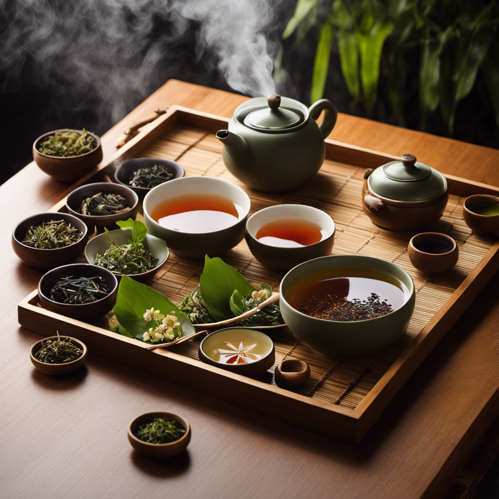 An image featuring a serene tea ceremony, with vibrant and aromatic herbal teas arranged neatly on a bamboo tray
