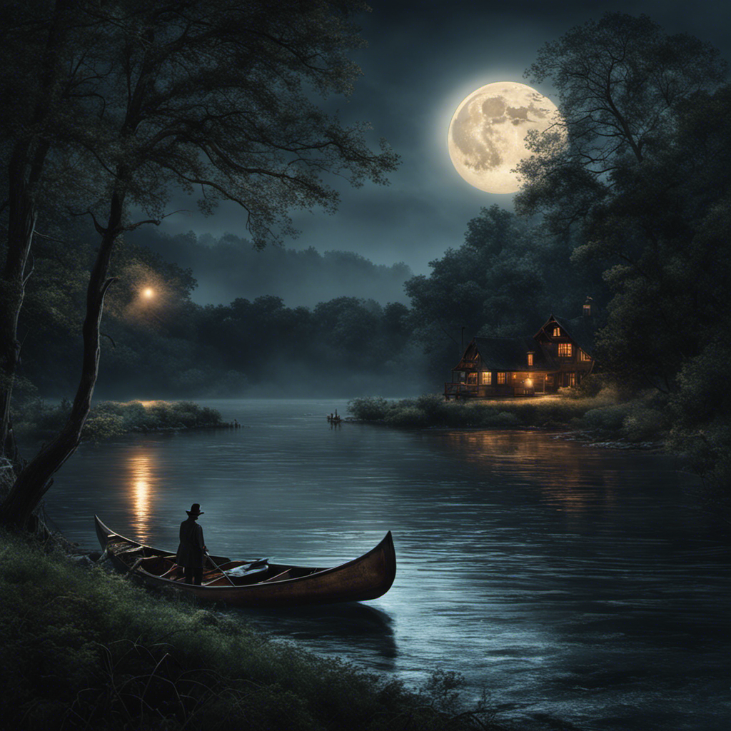 An image capturing a moonlit riverbank scene, with a mysterious thief stealthily gliding a stolen canoe downstream, while his wife anxiously waits on the shore, alluding to the blog post on where to watch this thrilling tale unfold