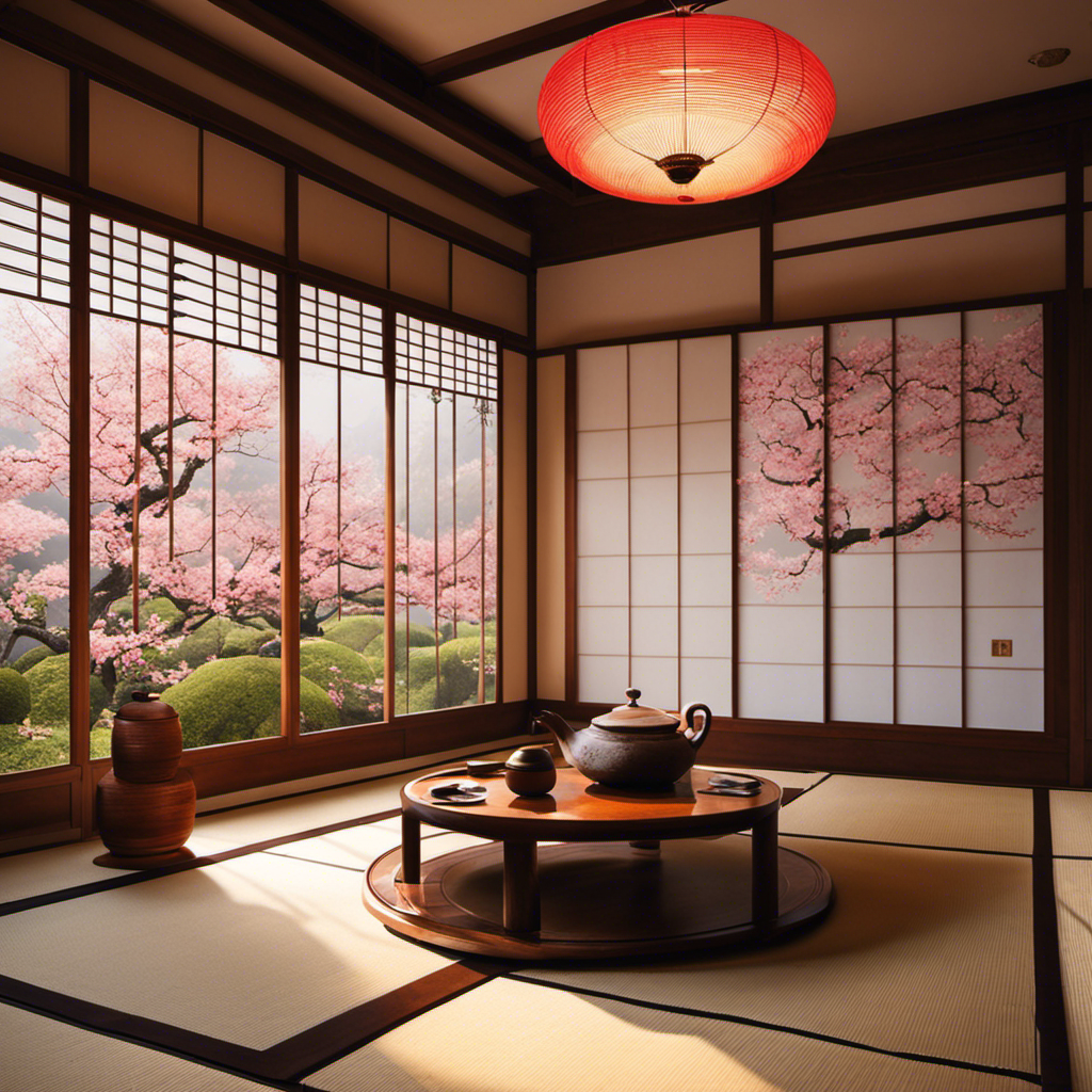 An image showcasing a serene Japanese tea ceremony: A traditional tatami room adorned with delicate cherry blossom decorations, a bamboo tea whisk gracefully whisking matcha powder in a serene atmosphere