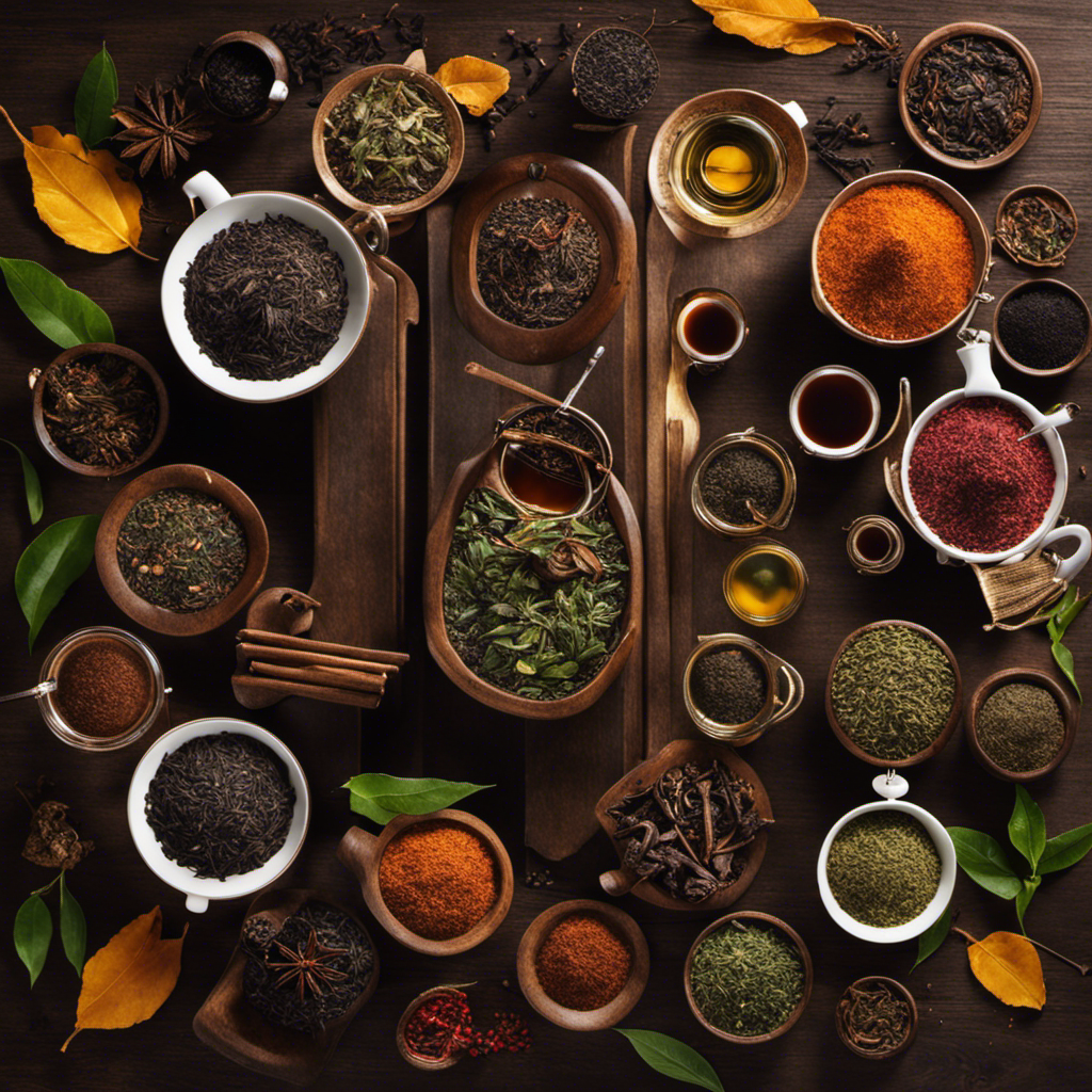 An image showcasing a rustic wooden table, adorned with an array of aromatic roasted tea varieties in vibrant hues