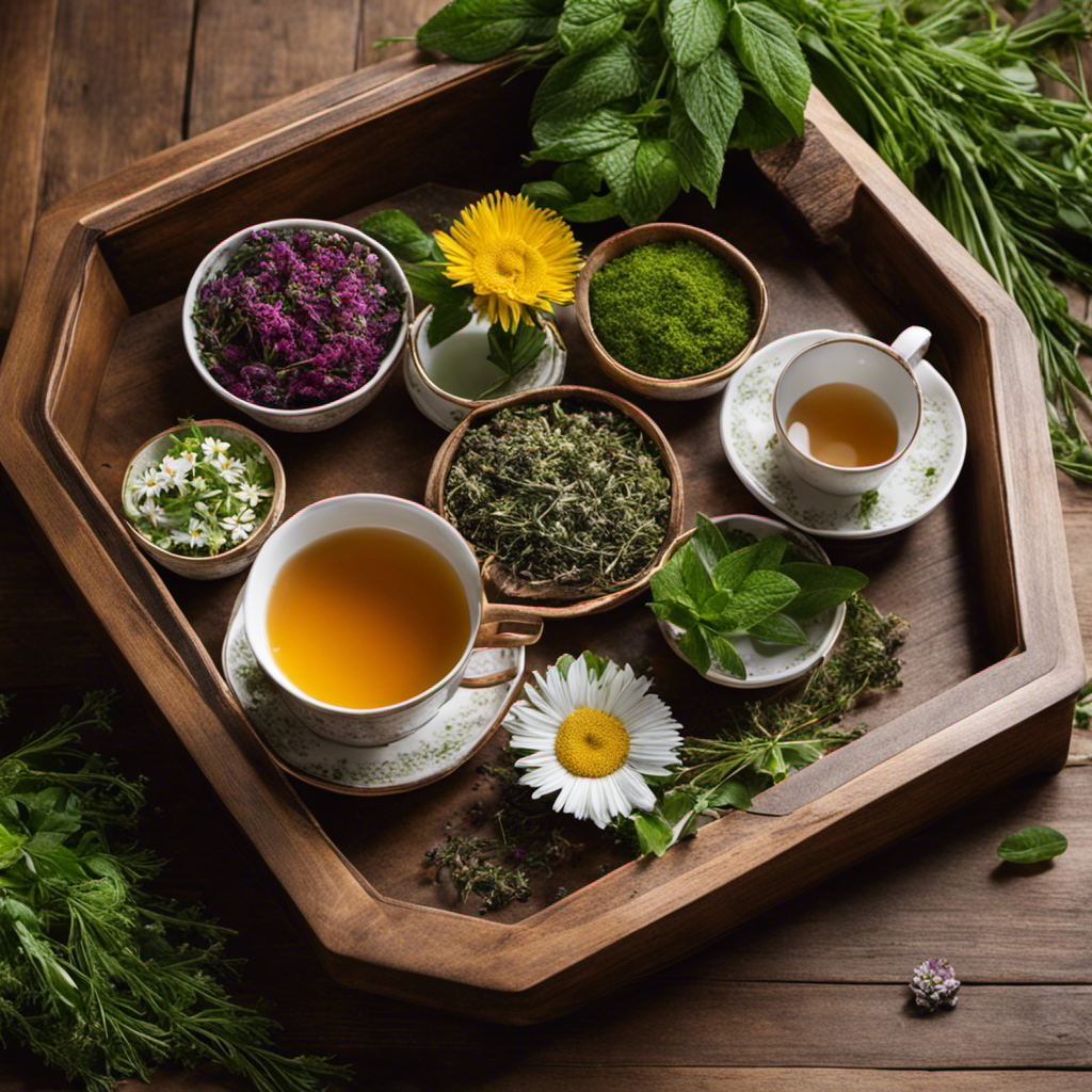 An image featuring a cozy, rustic wooden tray adorned with an assortment of steaming, vibrant teas in delicate porcelain cups, surrounded by fresh herbs like chamomile, ginger, and mint