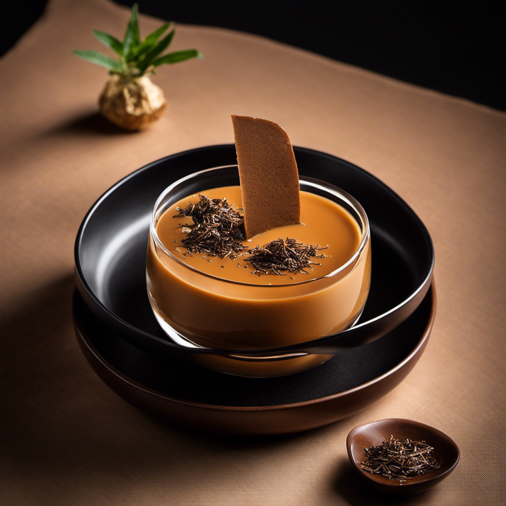 An image featuring a luscious, silky-smooth hojicha pudding, perfectly set in a transparent glass dessert dish