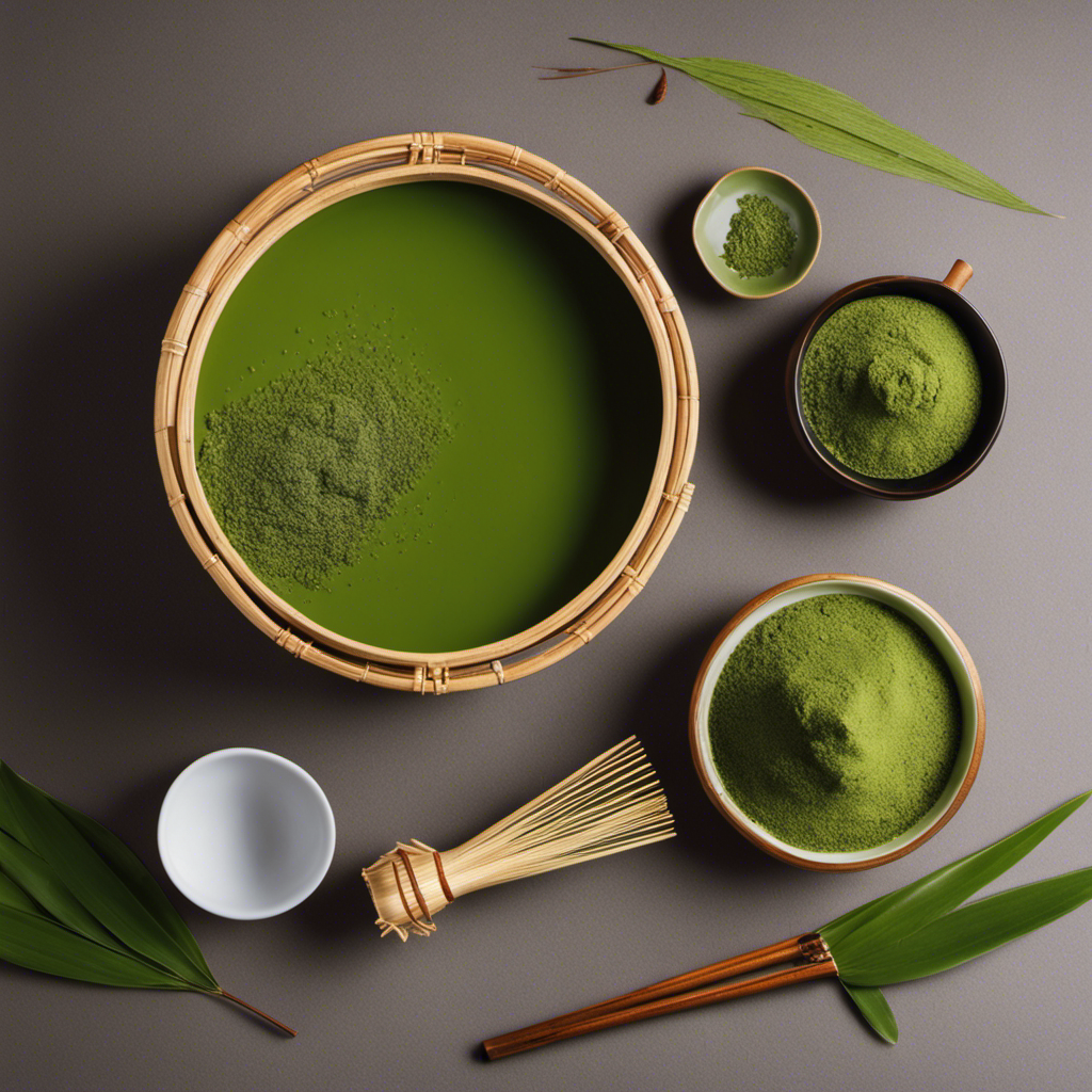 An image of a meticulously arranged tea ceremony set, showcasing vibrant green matcha powder sifted into a delicate ceramic bowl
