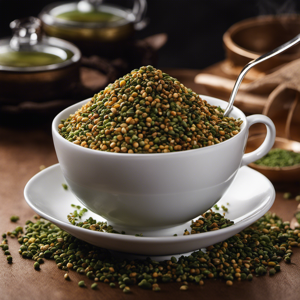 An image showcasing a steaming cup of Genmaicha tea, its vibrant green hue contrasting with toasted brown rice grains