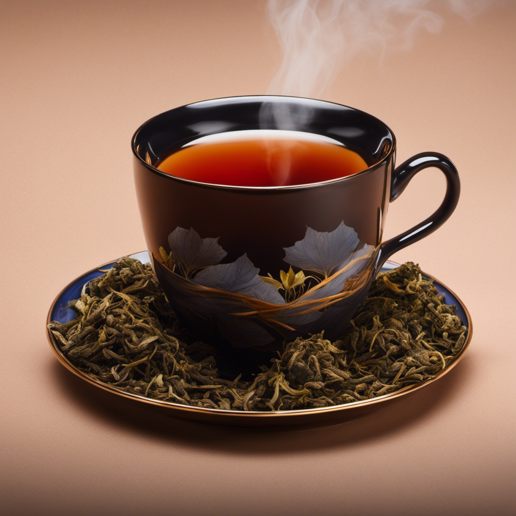 An image showcasing the rich hues of Japanese black tea - a steaming cup brimming with velvety, amber liquid, adorned with delicate wisps of steam, surrounded by lush tea leaves and a traditional porcelain teacup