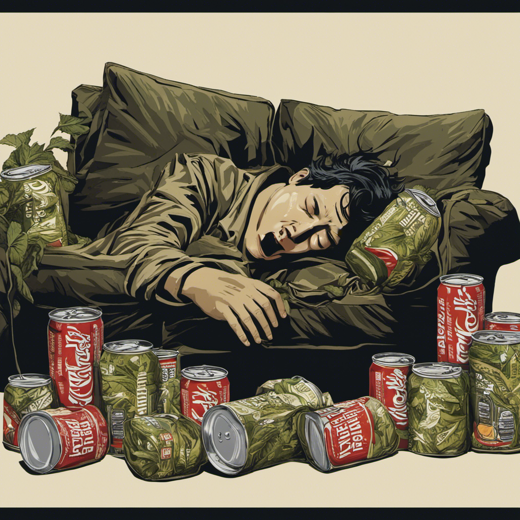 An image of a disheveled person slumped on a couch, surrounded by empty Yerba Mate cans, with heavy bags under their eyes, yawning widely, and desperately reaching for an unopened Yerba Mate package
