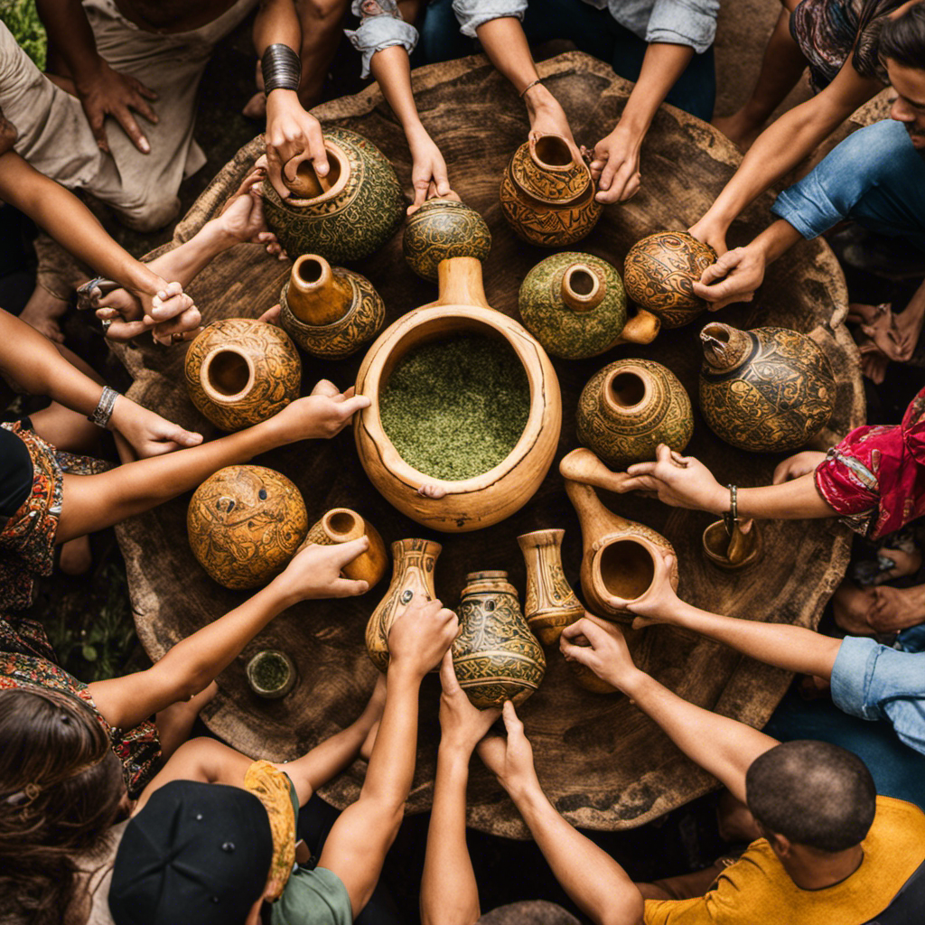 An image capturing the essence of the traditional Yerba Mate salute: a group of friends sitting in a circle, holding intricately carved gourds, passing a metal straw, their hands intertwined, as the aromatic steam rises amidst laughter and camaraderie