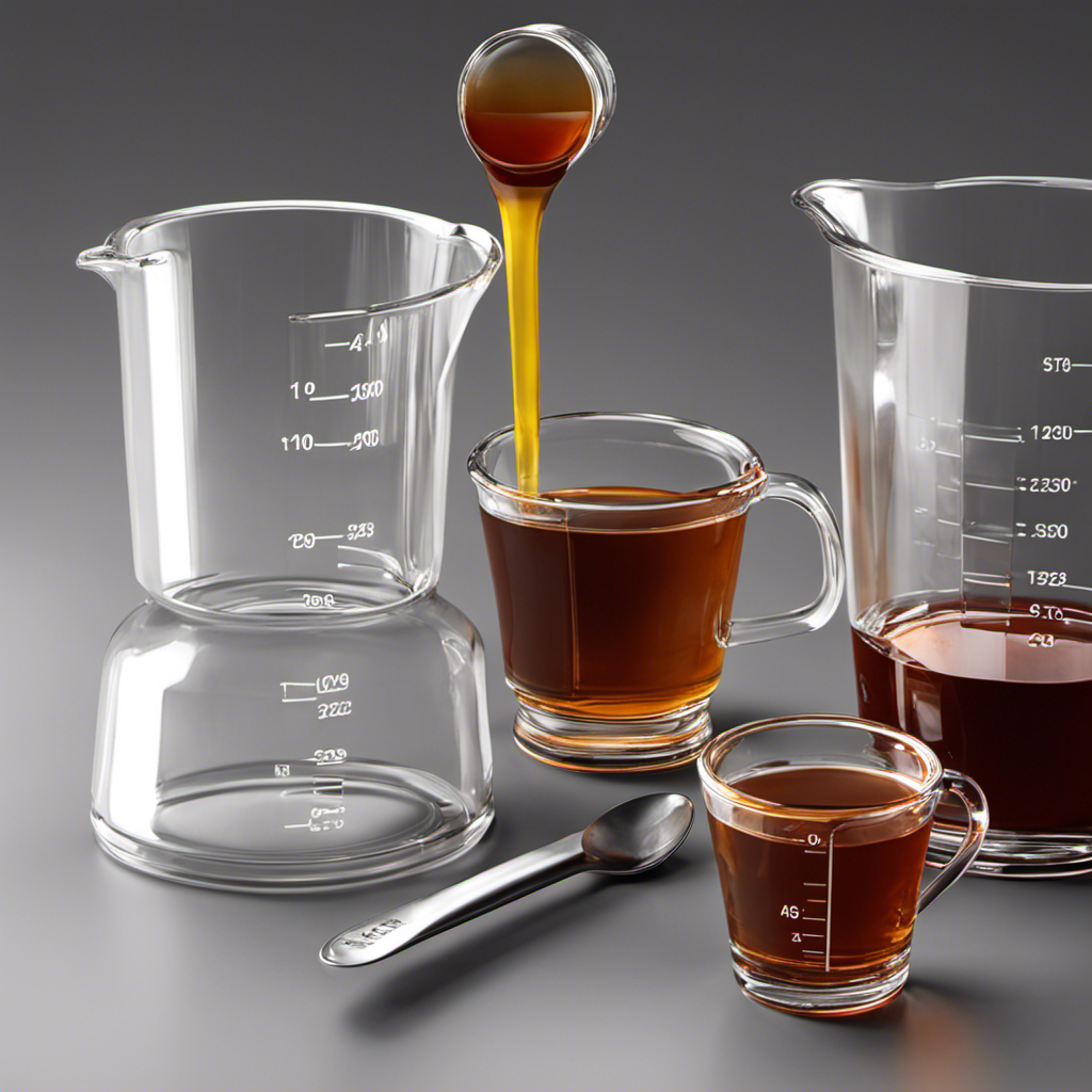 An image showcasing a glass measuring cup filled with two fluid ounces of syrup, alongside a teaspoon and a cup for reference