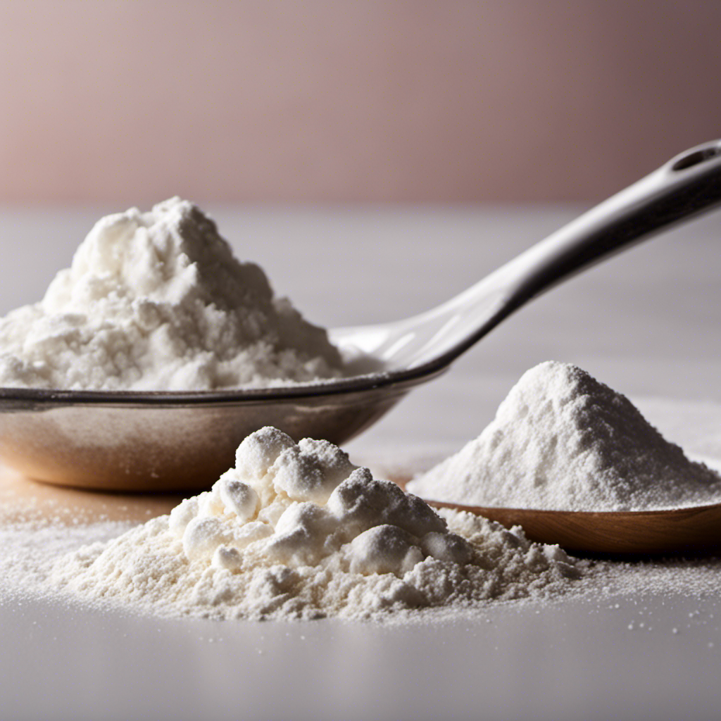 An image showcasing two delicate teaspoons, one filled with a perfect measure of baking powder, while the other gradually accumulates a mountain of flour, evoking curiosity about the ratio between them for the ultimate baking experience