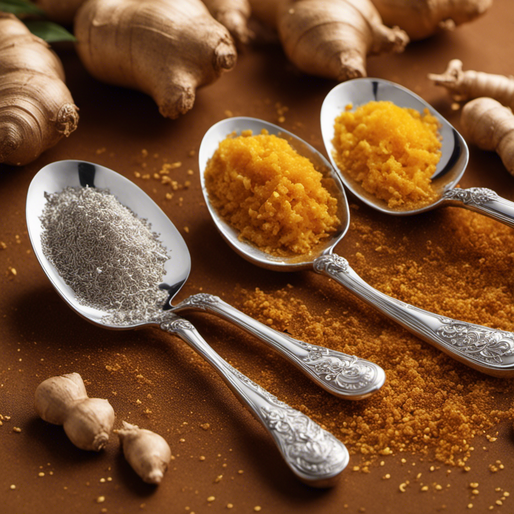An image showcasing two gleaming silver teaspoons filled to the brim with freshly grated ginger