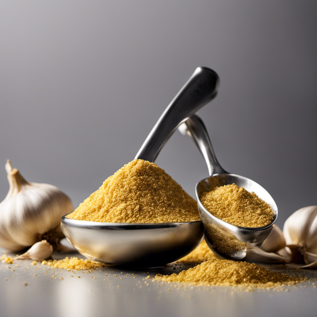 An image showcasing two shiny silver teaspoons filled with freshly minced garlic, juxtaposed against a small mound of fine, golden garlic powder, depicting the equivalent measurement of both ingredients