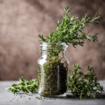 An image that showcases two delicate sprigs of fresh thyme, alongside a small glass jar filled with dried thyme