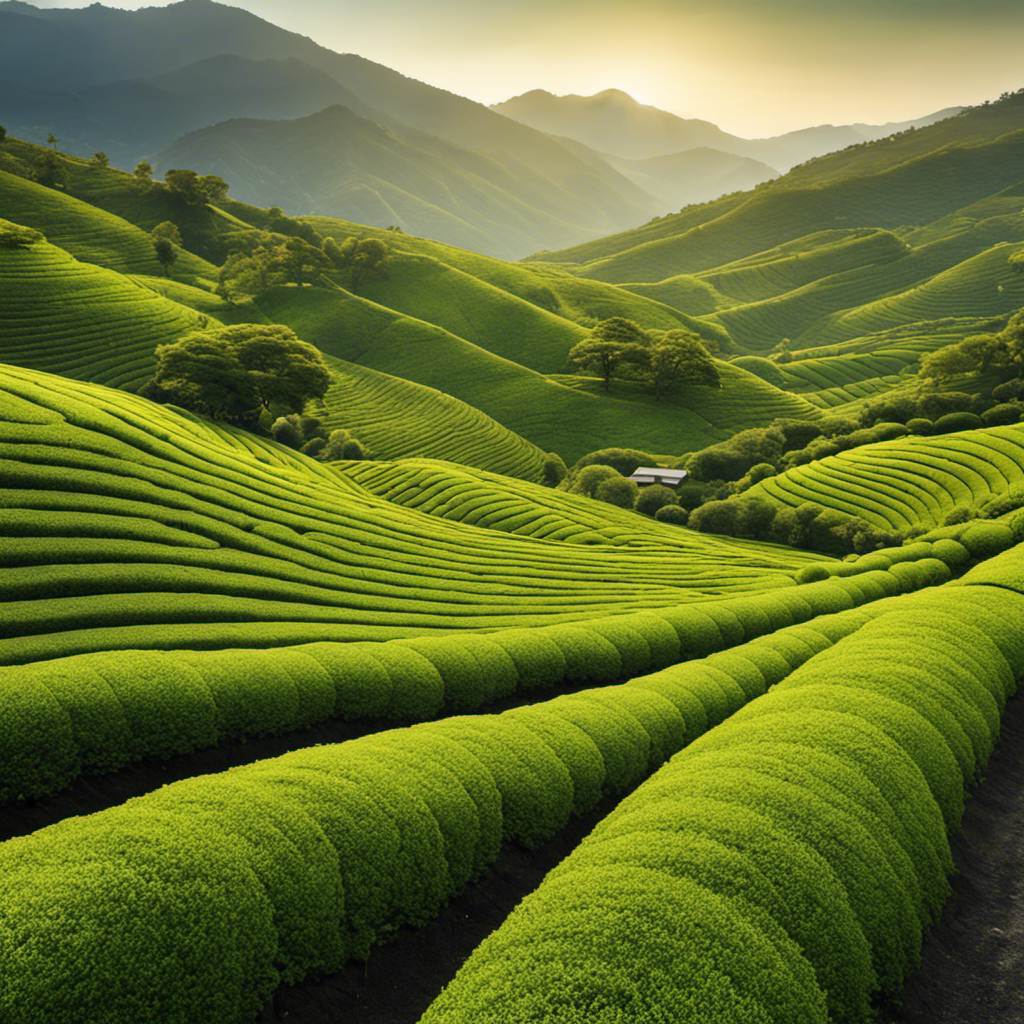 An image showcasing a serene Japanese tea plantation, with rows of vibrant green Sencha tea leaves gently swaying in the breeze, a skilled tea master carefully handpicking the finest leaves