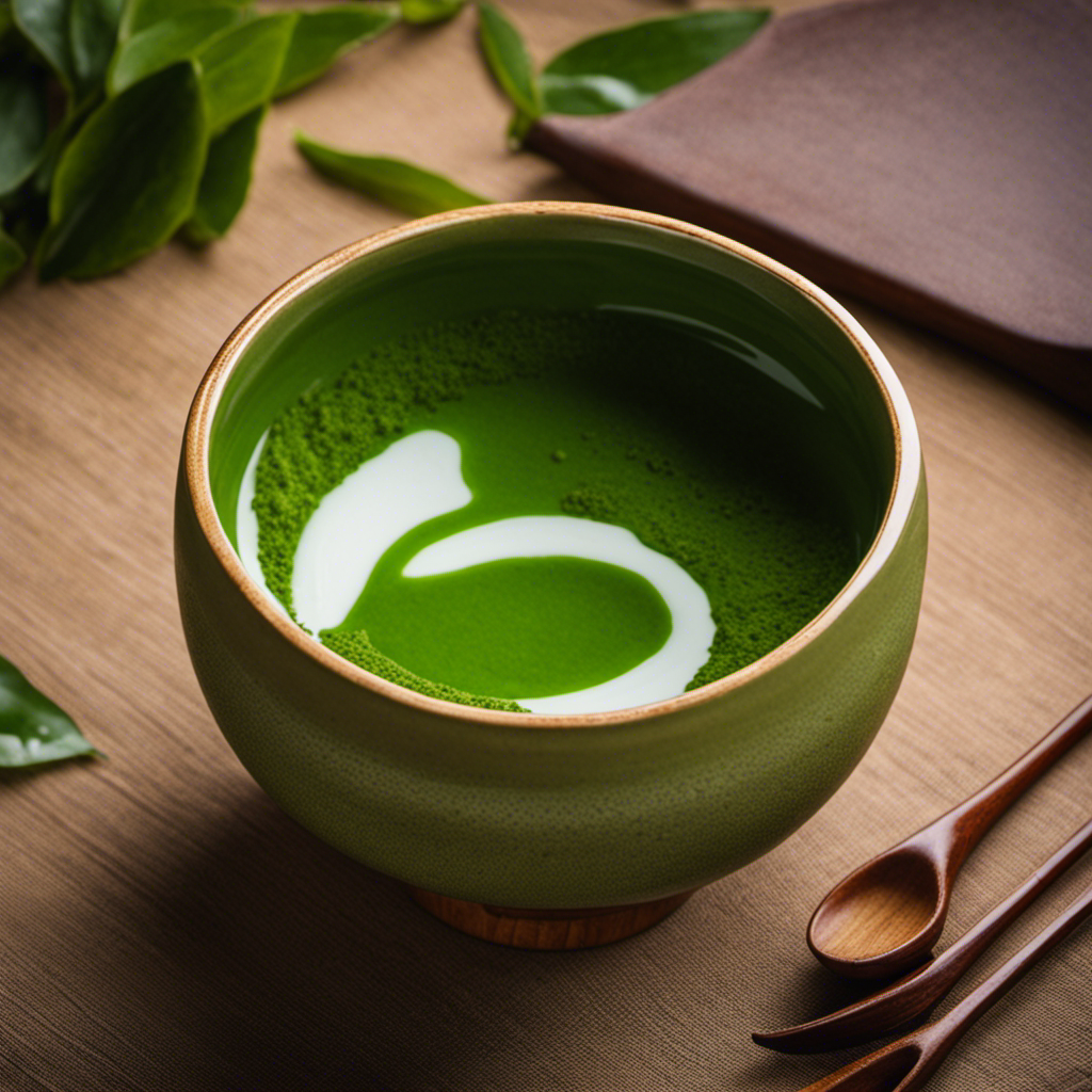 An image showcasing a delicate ceramic matcha bowl filled with vibrant, frothy green tea