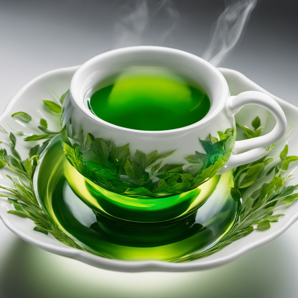 the essence of Sencha tea with an image of a porcelain teapot pouring vibrant, emerald-green liquid into a delicate, transparent tea cup