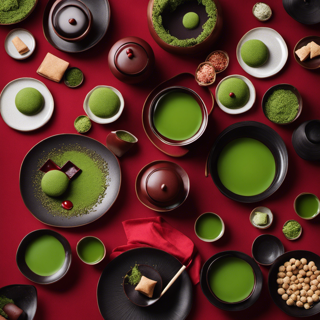 An image showcasing a traditional Japanese tea ceremony with a graceful host pouring vibrant green matcha into delicate bowls