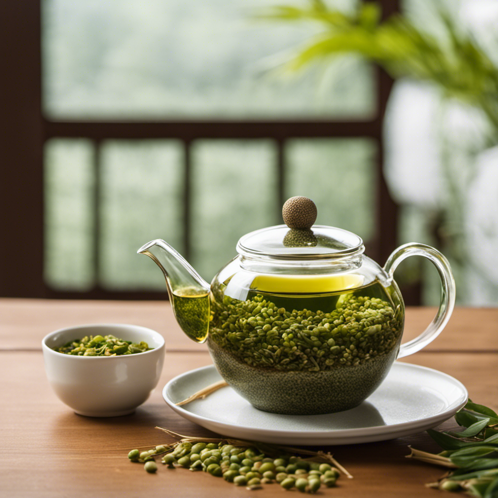 the essence of a serene Japanese tea garden with a close-up shot of a delicate, handcrafted ceramic teapot pouring vibrant green Genmaicha tea into a dainty porcelain cup, surrounded by freshly harvested tea leaves and golden roasted rice