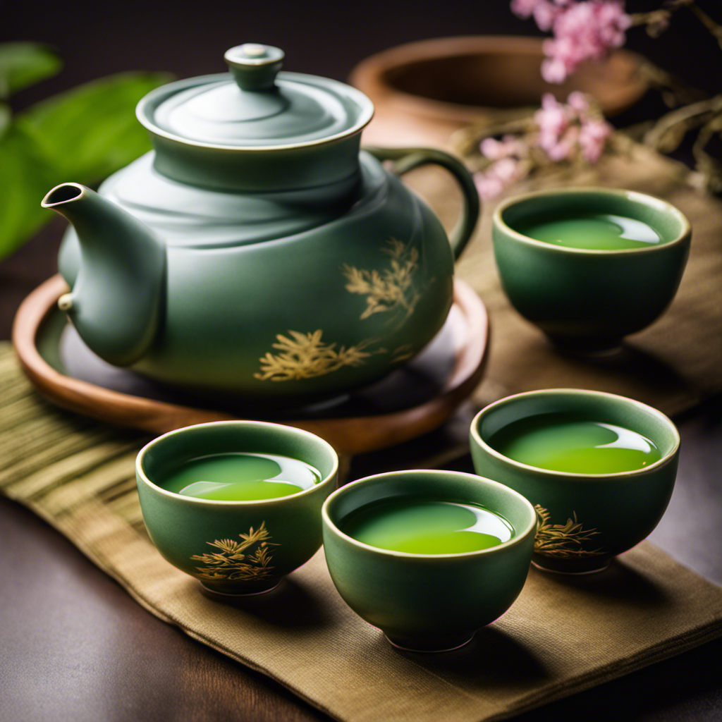 An image capturing the ethereal beauty of a traditional Japanese tea ceremony, with a delicate hand gracefully pouring vibrant green Gyokuro tea into a porcelain cup, surrounded by lush tea leaves and a serene atmosphere
