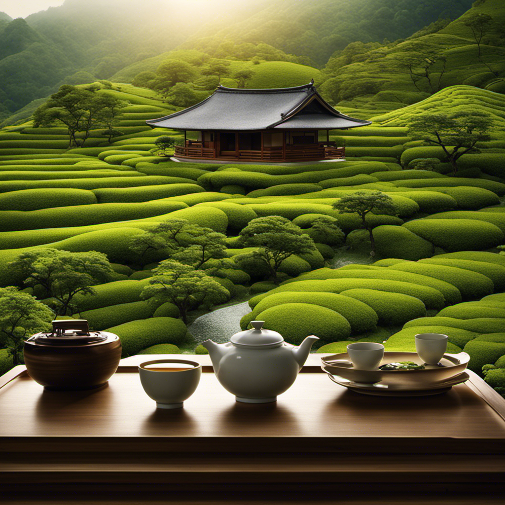 An image showcasing a serene Japanese teahouse surrounded by lush green tea fields