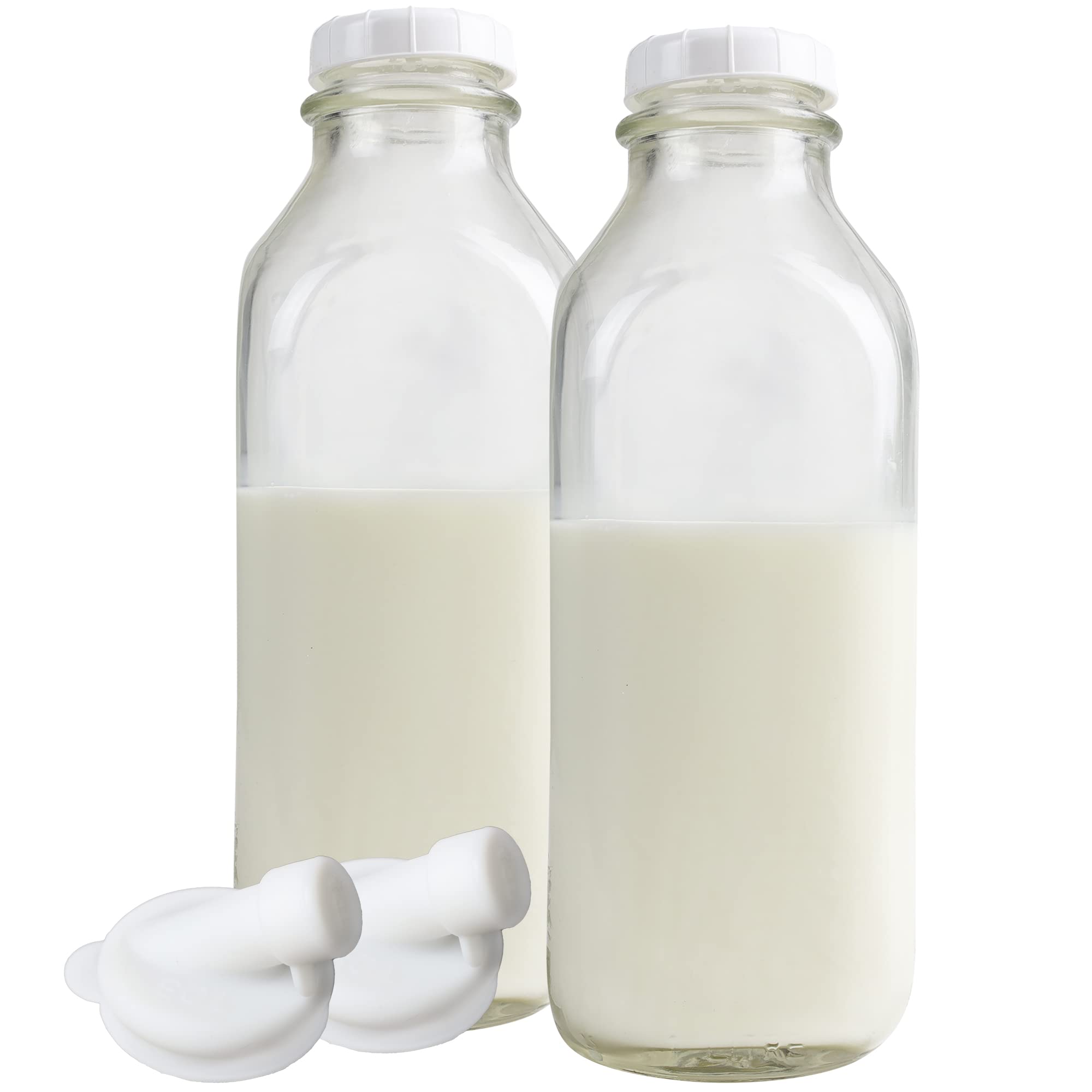 Two milk bottles on a white background.