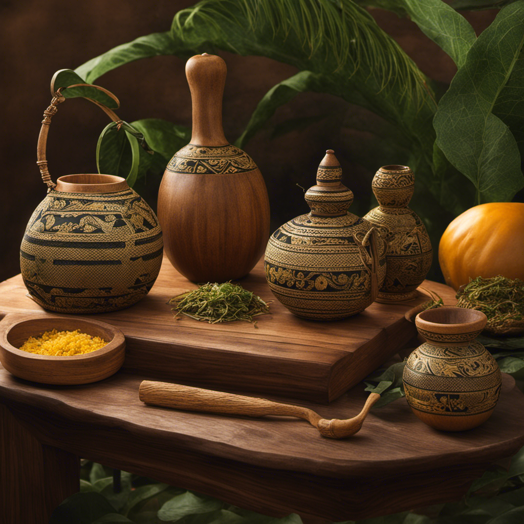 An image depicting a serene wooden table adorned with a traditional South American gourd, a bombilla straw, and a bag of yerba mate, visually exploring the potential link between yerba mate consumption and cancer