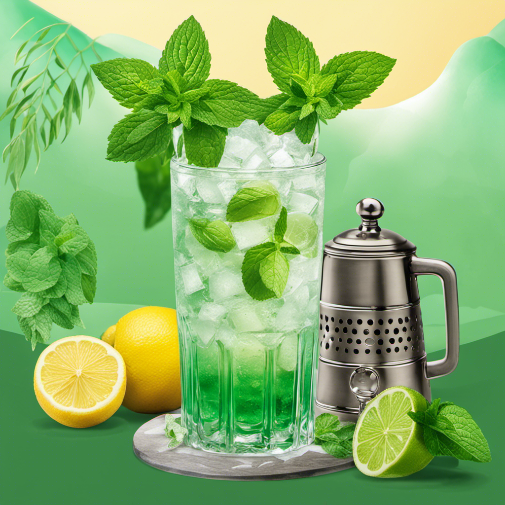 An image showcasing a refreshing summer scene: a frosty glass of mint tea adorned with a sprig of fresh mint, beside it, a vibrant cocktail shaker filled with crushed ice, limes, and a bottle of gin, enticing readers to explore the perfect pairing of mint tea and gin