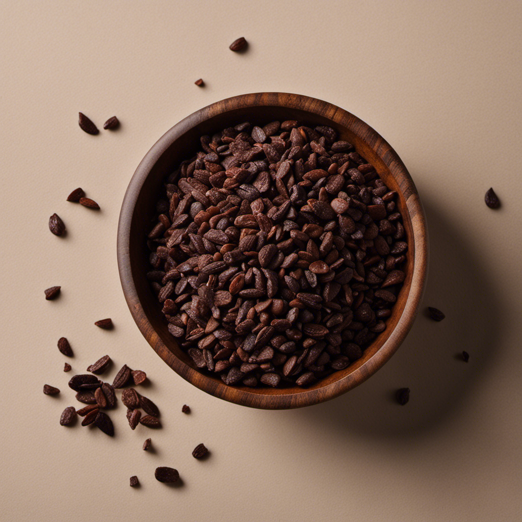 An image showcasing a bowl filled with glossy, dark brown organic raw cacao nibs