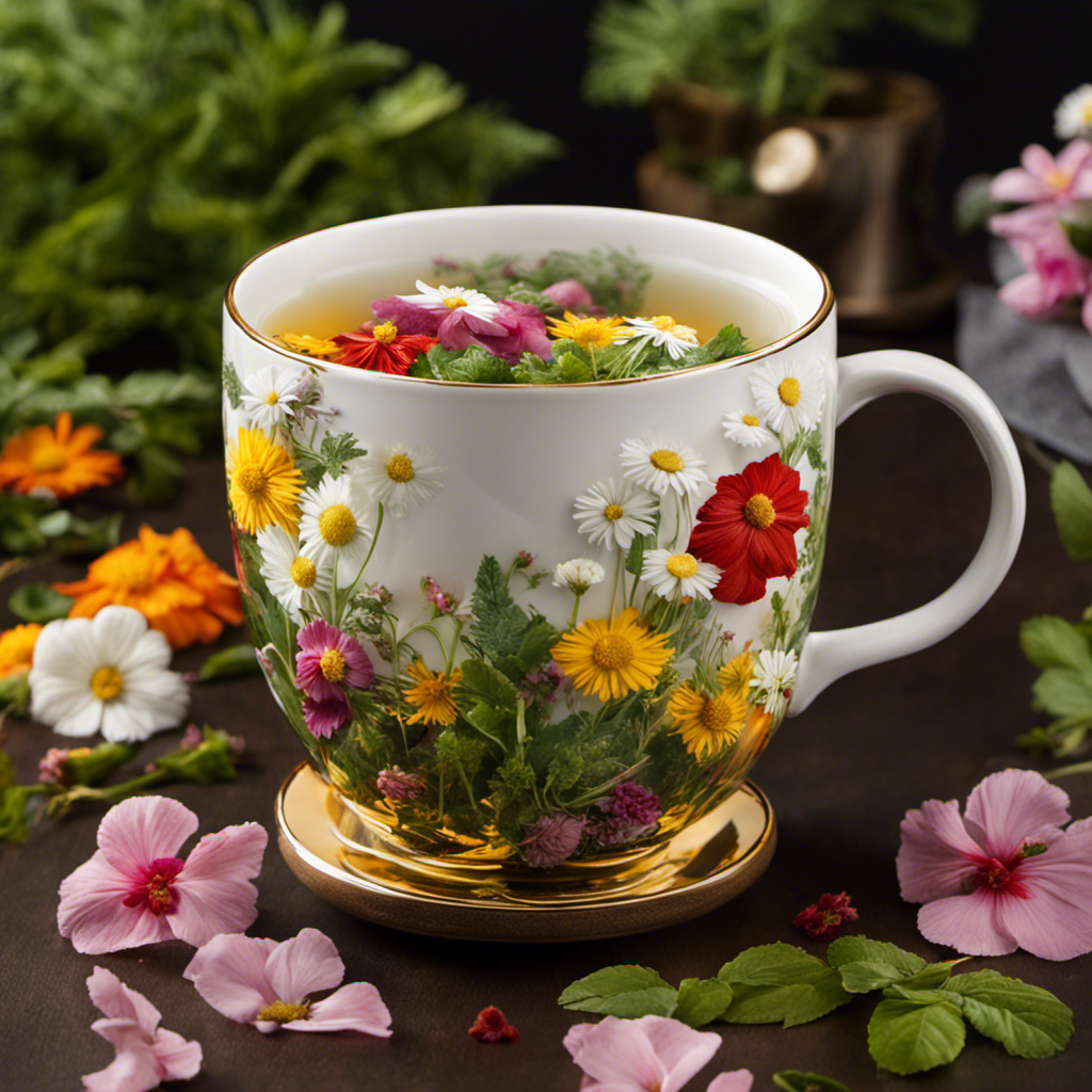 An enticing image showcasing a cozy mug filled with steaming herbal tea made from chamomile, peppermint, and hibiscus, surrounded by fresh, vibrant tea leaves and delicate flowers, evoking a sense of calm and natural energy