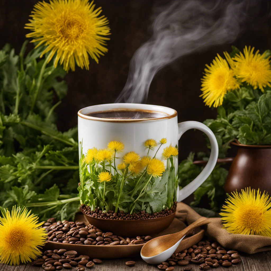 An image showcasing a cozy mug filled with a steaming beverage, made from roasted chicory, dandelion root, and roasted barley, surrounded by vibrant green leaves, symbolizing an enticing array of natural coffee substitutes
