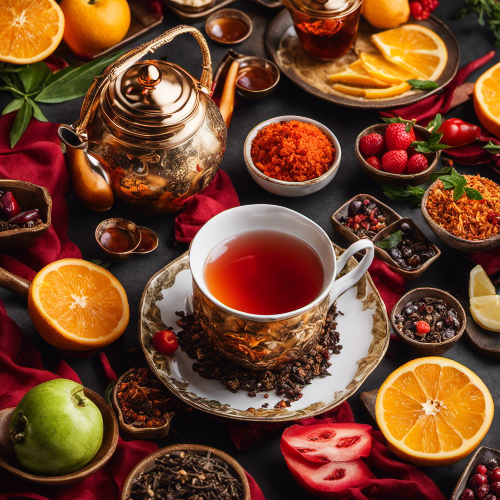An image showcasing a vibrant, steaming cup of fruity tea placed alongside a beautifully plated assortment of fiery, aromatic spicy foods