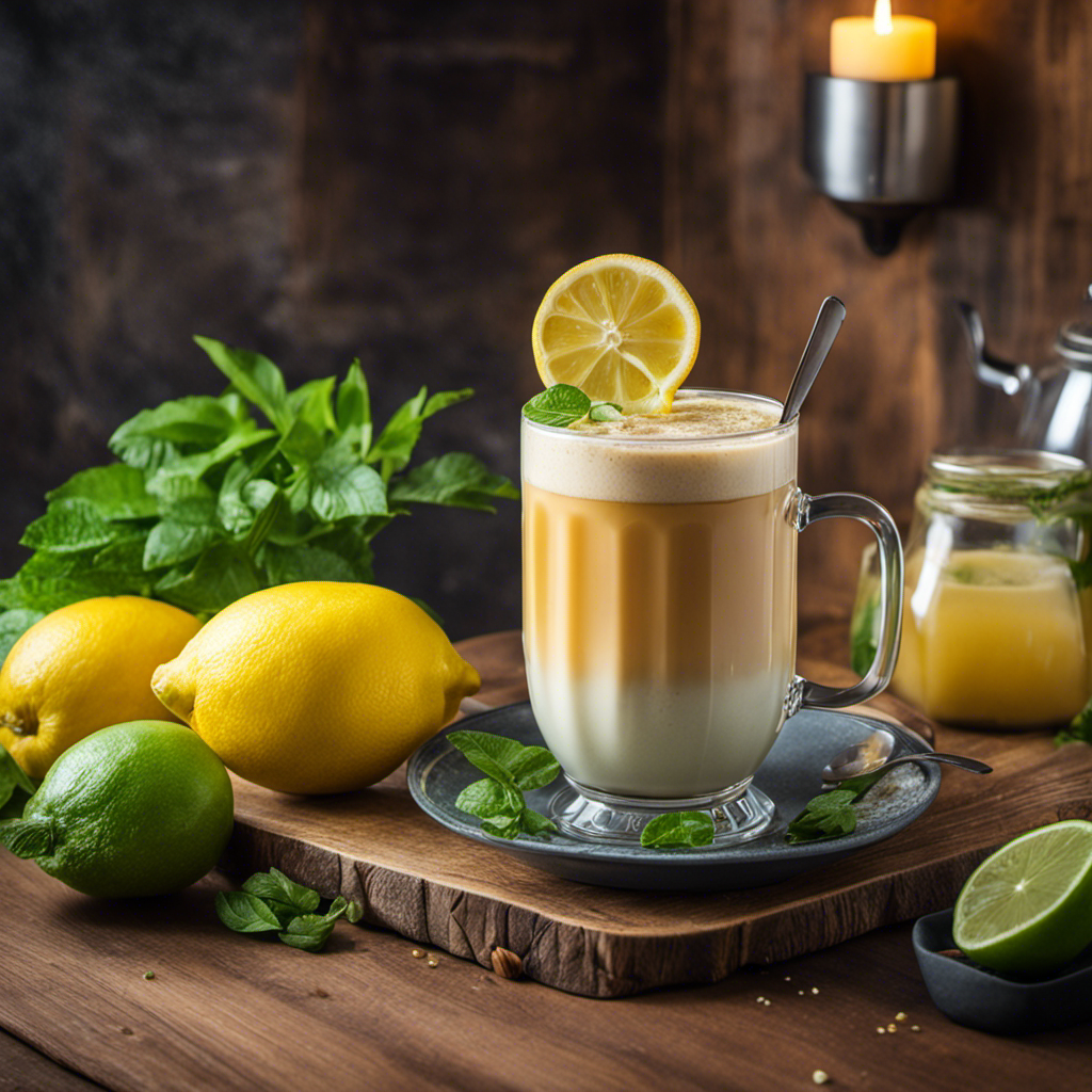 An image showcasing a cozy, rustic kitchen scene with a steaming cup of herbal tea, a vibrant fruit smoothie, a frothy matcha latte, and a refreshing glass of sparkling water with lemon slices