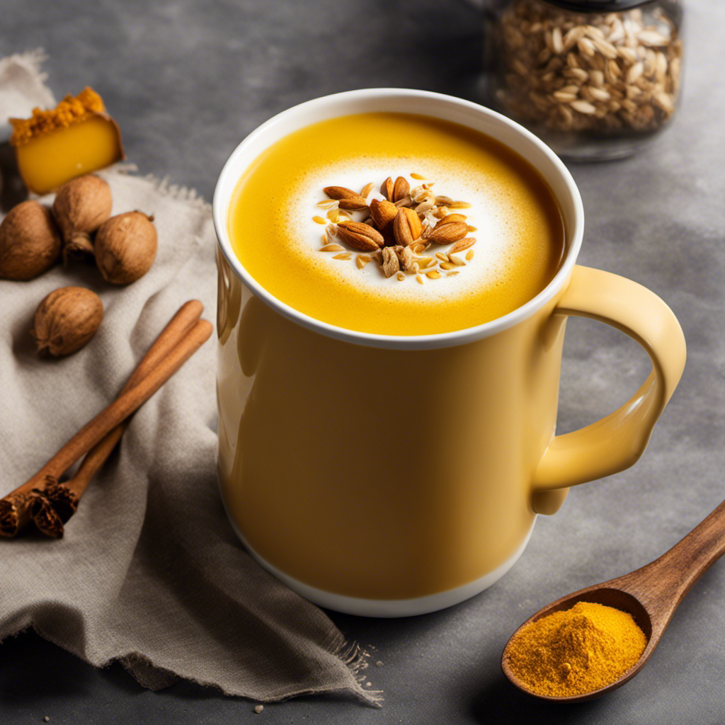 An image depicting a cozy mug of steaming turmeric tea, adorned with a frothy layer of non-dairy milk alternatives like almond, coconut, and oat milk