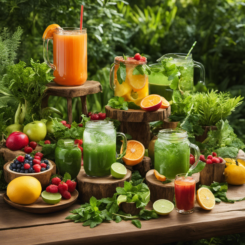 An image showcasing a serene scene of a leafy green garden, with a small wooden table adorned with a colorful array of caffeine-free beverages like herbal infusions, fruit smoothies, and sparkling water, inviting readers to explore alternative options