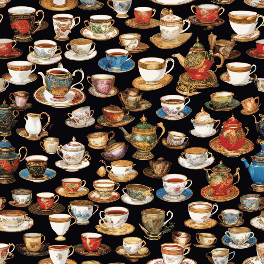 An image showcasing an assortment of elegant tea cups, filled with steaming cups of decaffeinated tea