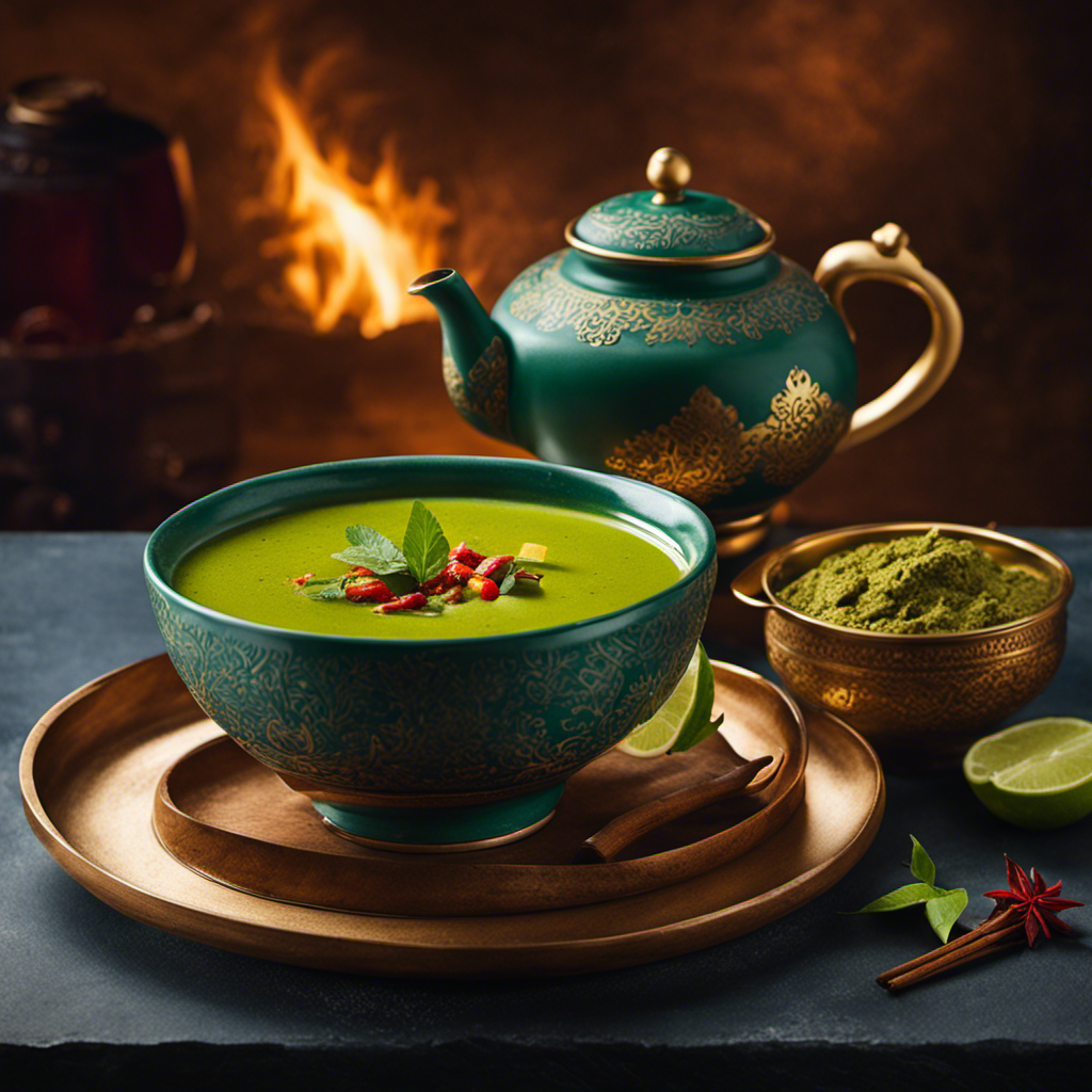 An image showcasing a vibrant cup of rich, aromatic Indian masala chai alongside a steaming bowl of Thai green curry