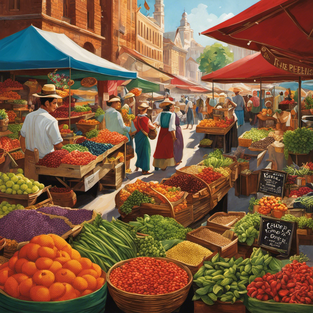An image showcasing a vibrant farmer's market with stalls brimming with aromatic teas, rich cocoa beans, and exotic herbal beverages