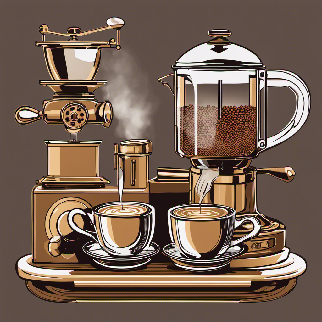 An image showcasing a close-up of a hand gracefully pouring a steamy, golden-brown espresso shot into a delicate porcelain cup, while four essential coffee components - beans, water, grinder, and brewing equipment - surround it in harmonious symmetry