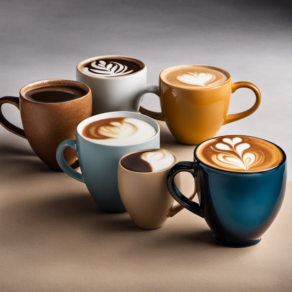 An image showcasing four distinct coffee cups, each representing a different style: a delicate porcelain cup with a perfectly crafted cappuccino, a sleek glass filled with iced latte, a rustic mug holding a rich espresso, and a vibrant ceramic mug brimming with a frothy macchiato