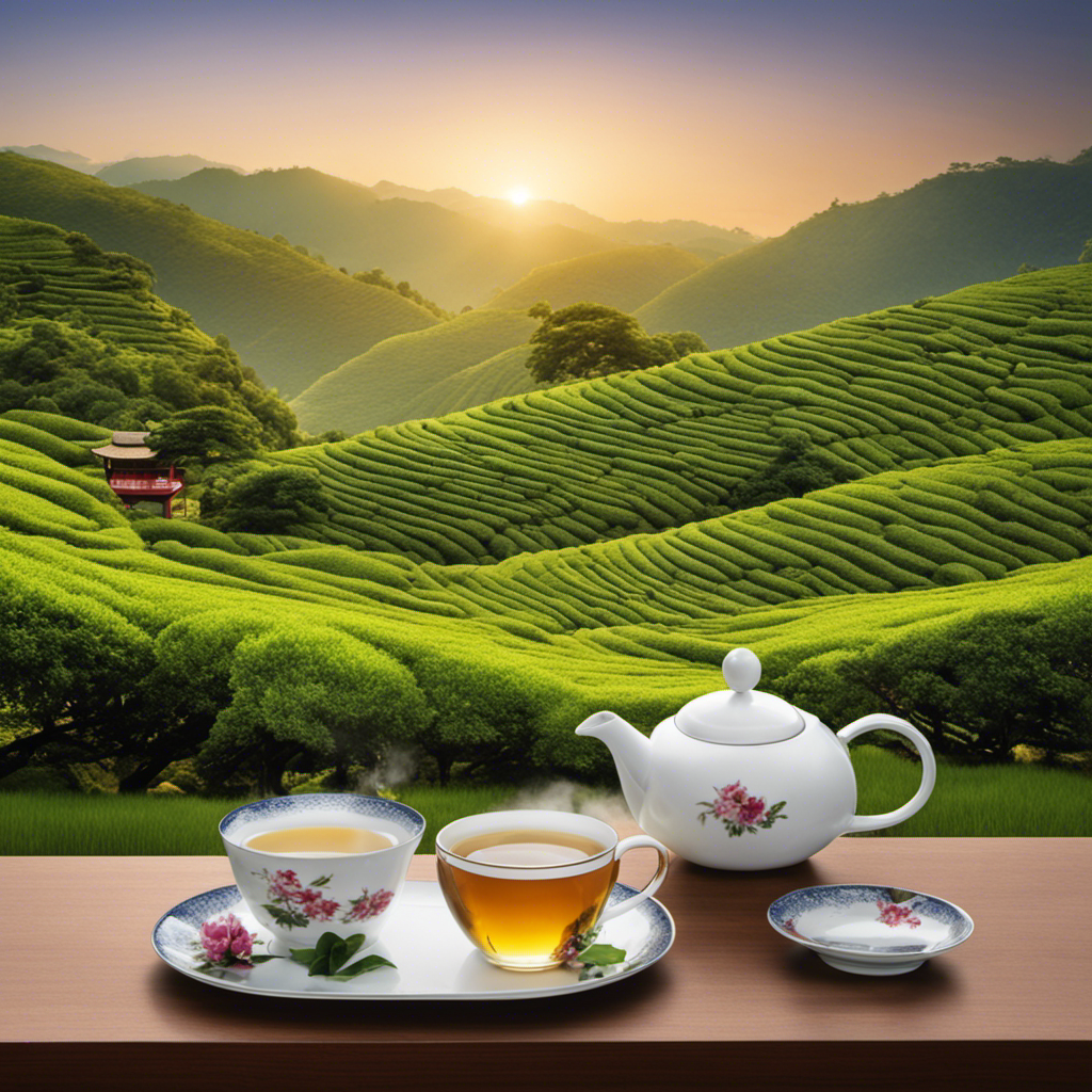 An image showcasing a serene, oriental teahouse nestled amidst lush green tea plantations