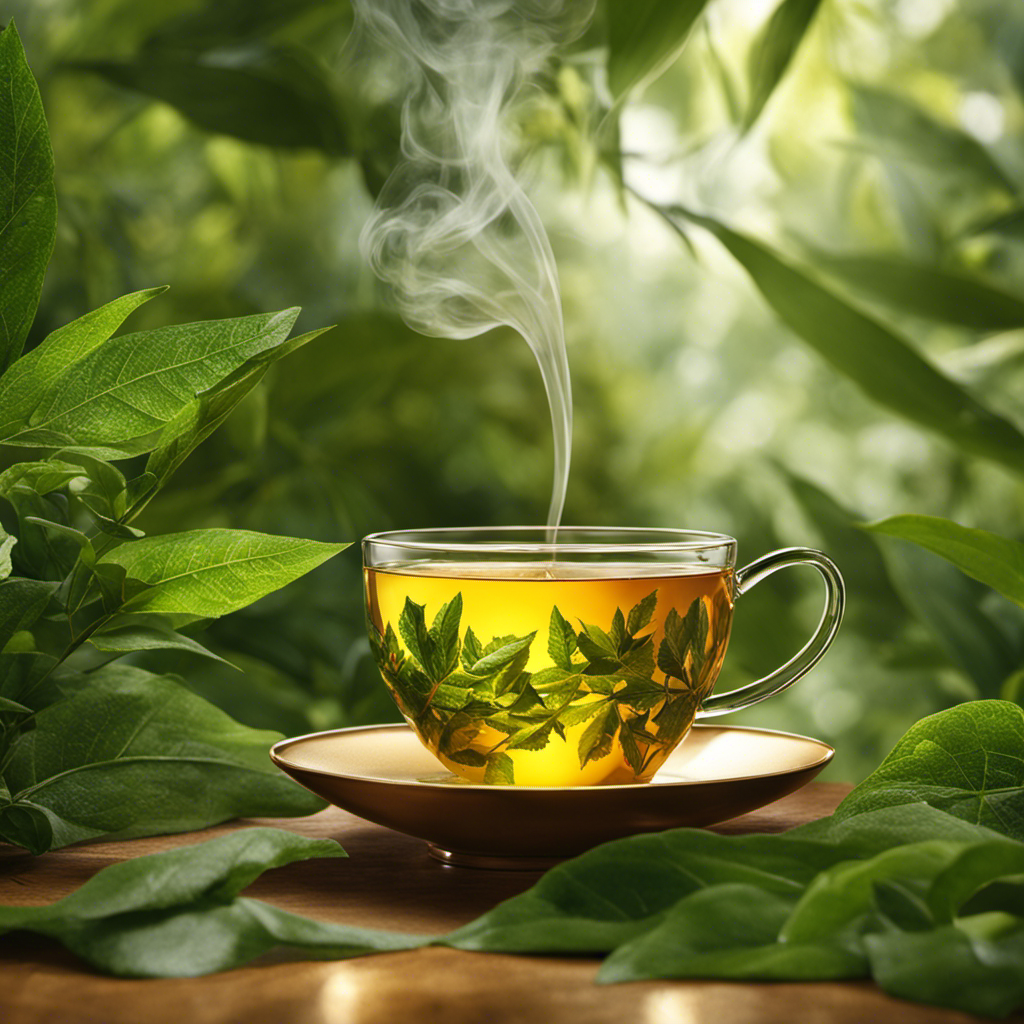 An image showcasing a vibrant cup of yerba mate tea, surrounded by lush green leaves and delicate steam rising from the surface