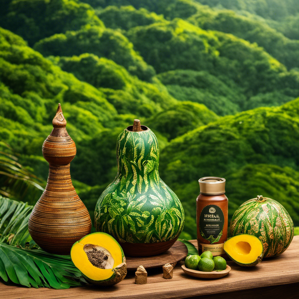 An image showcasing a vibrant, lush green landscape of Brazilian rainforests, with a traditional gourd and bombilla placed on a wooden table, surrounded by various branded yerba mate packages