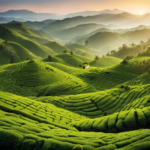 An image showcasing a serene, verdant tea plantation nestled amidst rolling hills, with a graceful hand-picked oolong tea leaf gently steeping in a glass teapot, emanating a fragrant steam, evoking the perfect brew for weight loss