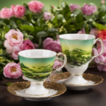 An image showcasing two elegant teacups, one filled with vibrant green tea, emanating a fresh, grassy aroma, while the other holds a rich, amber-hued oolong tea, exuding a warm, floral scent