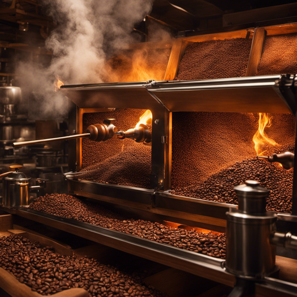 An image capturing the art of coffee roasting: a skilled hand gently turning a wooden handle, while golden beans swirl inside a glass roaster, emanating fragrant plumes of smoke, and a warm glow envelops the scene
