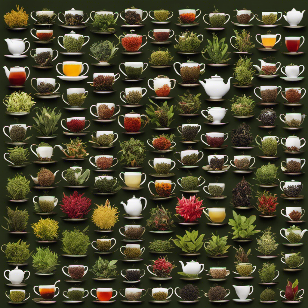 An image showcasing a variety of tea leaves, each labeled with their distinct types (black, green, white, oolong, herbal), alongside their corresponding health benefits, expressed through vibrant colors, textures, and steam